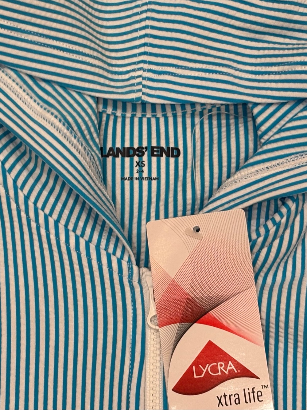 4 Piece Lands' End Blue, Red, Yellow & White Striped Swim Set Bikini/Rash Guards - Picture 3 of 7